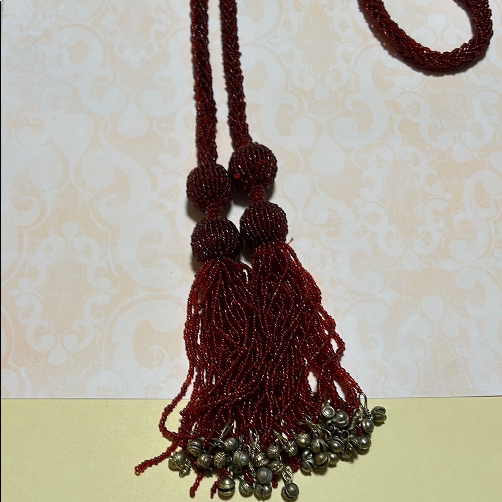 Red Decorative Tassel Necklace with Silk Material and Twisted Cord